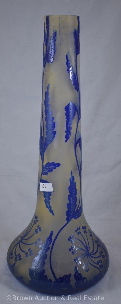 Cameo Glass 16"h stick neck vase, cobalt blue leaves and plants, inscribed Darcy with incised