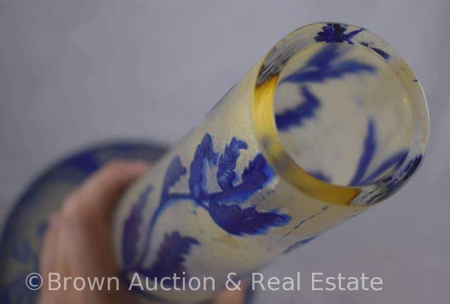 Cameo Glass 16"h stick neck vase, cobalt blue leaves and plants, inscribed Darcy with incised