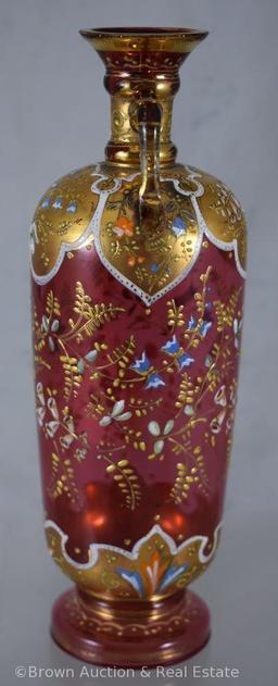 Enameled decorated Cranberry 7.5"h vase (Moser-style)