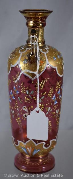 Enameled decorated Cranberry 7.5"h vase (Moser-style)