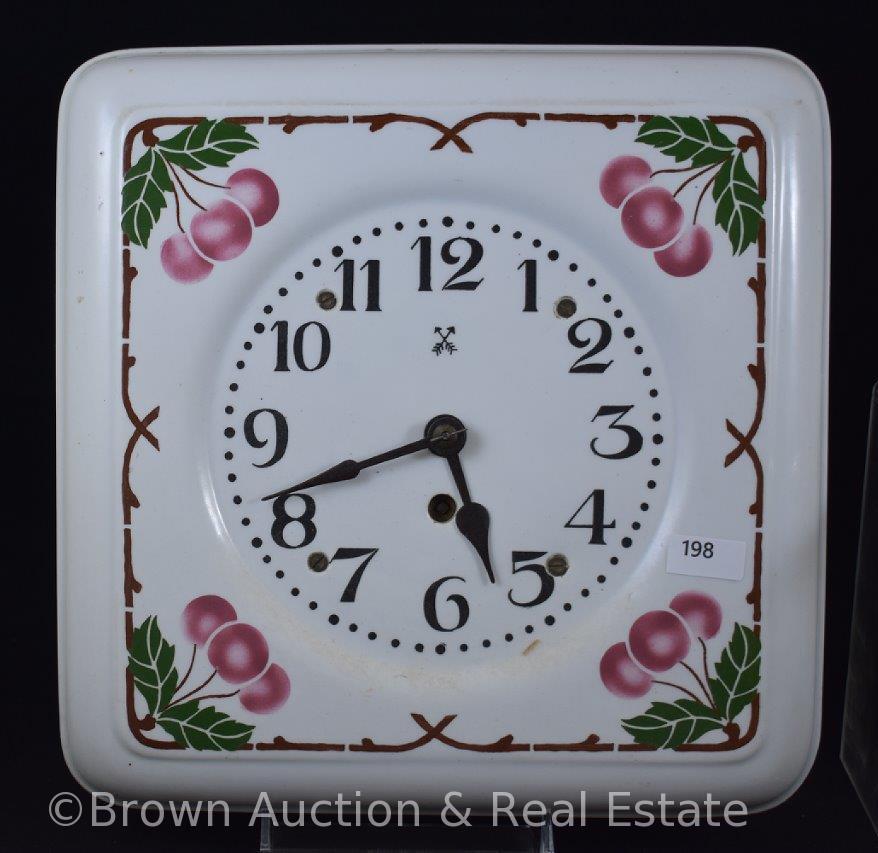 Porcelain 10" sq. dia. Clock decorated with cherries, black crossed swords mark