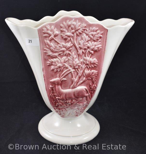 Hull Antelope 9" fan vase, white and mauve