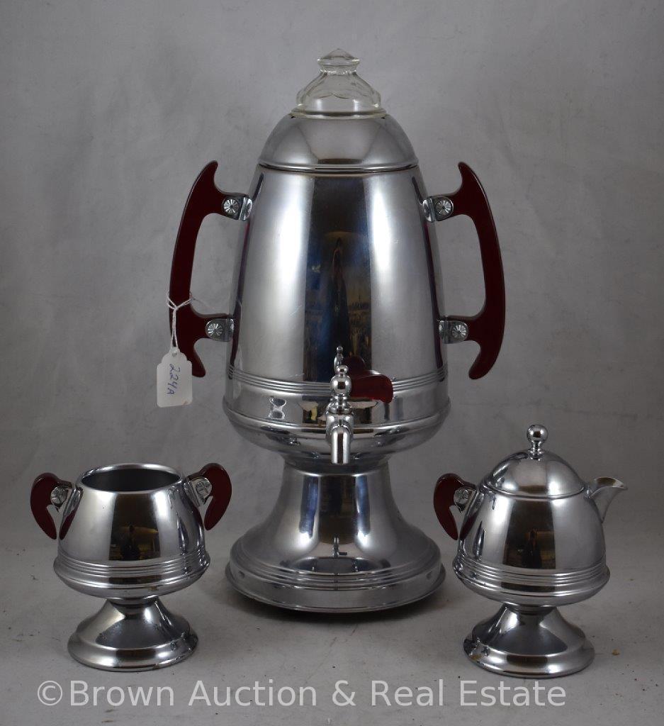 3 pc. Stainless coffee set with bakelite handles, percolator (no cord), creamer and sugar