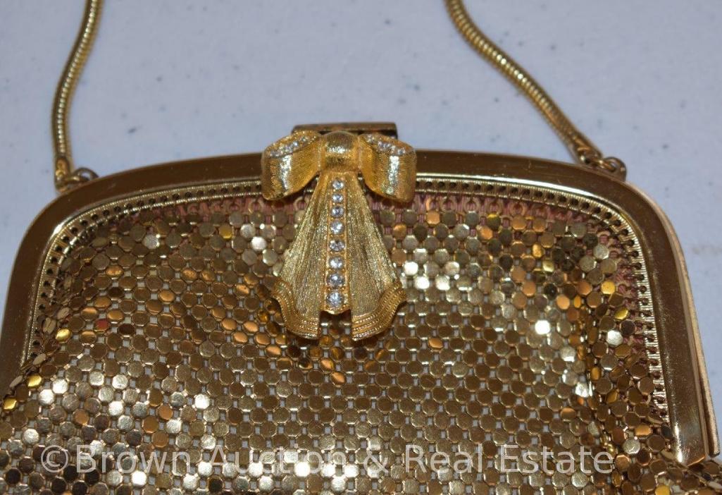 Whiting and Davis goldtone mesh bag, bow clasp with rhinestones