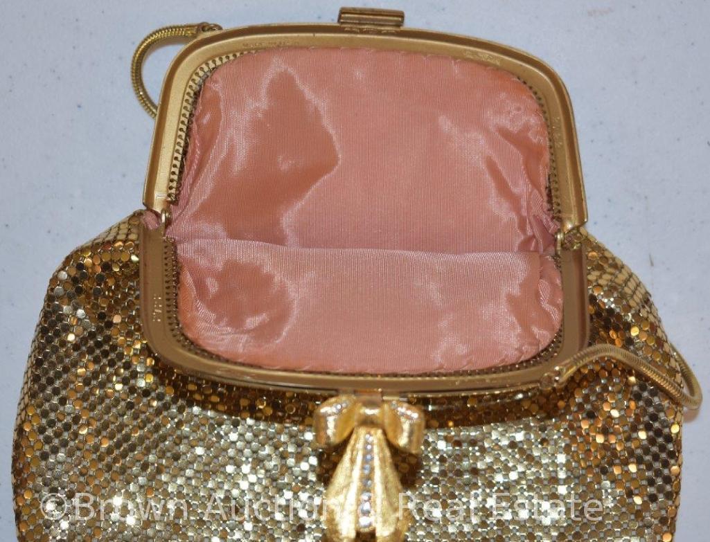 Whiting and Davis goldtone mesh bag, bow clasp with rhinestones