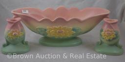 Hull Water Lily Console Set: L-21-13.5" console bowl and (2) L-22-5"candleholders, cream/rose/green