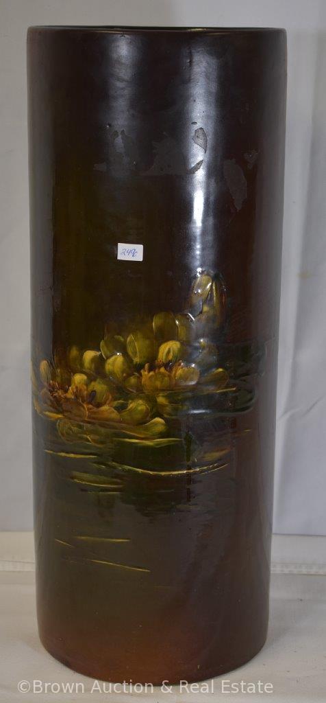 Roseville Rozane 21" tall umbrella stand decorated with large Water Lilies (as is, some rpairs)