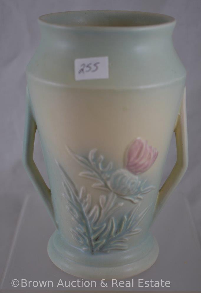 (2) Hull pottery vases: Calla Lily 500-33-6"; Thistle 51-6", blue