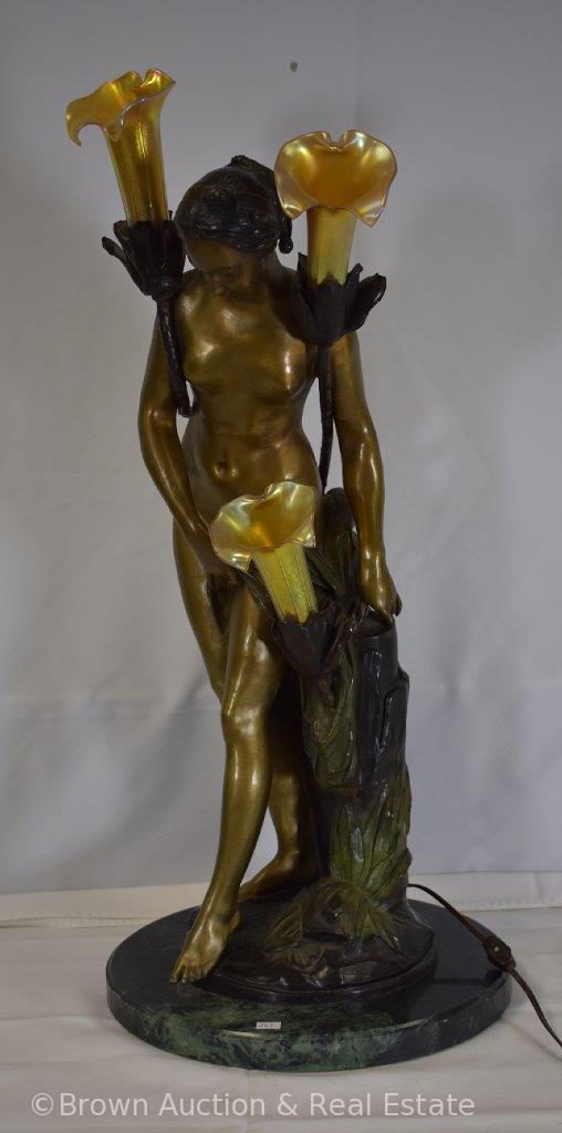 Bronze Nude Girl lamp by Falconet, 29" tall, 3 illuminating flowers with translucent glass shades,