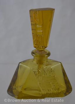 (2) Art Deco perfume bottles: 1-Melba frosted 3.5"h with Nude; 1-4.75" amber