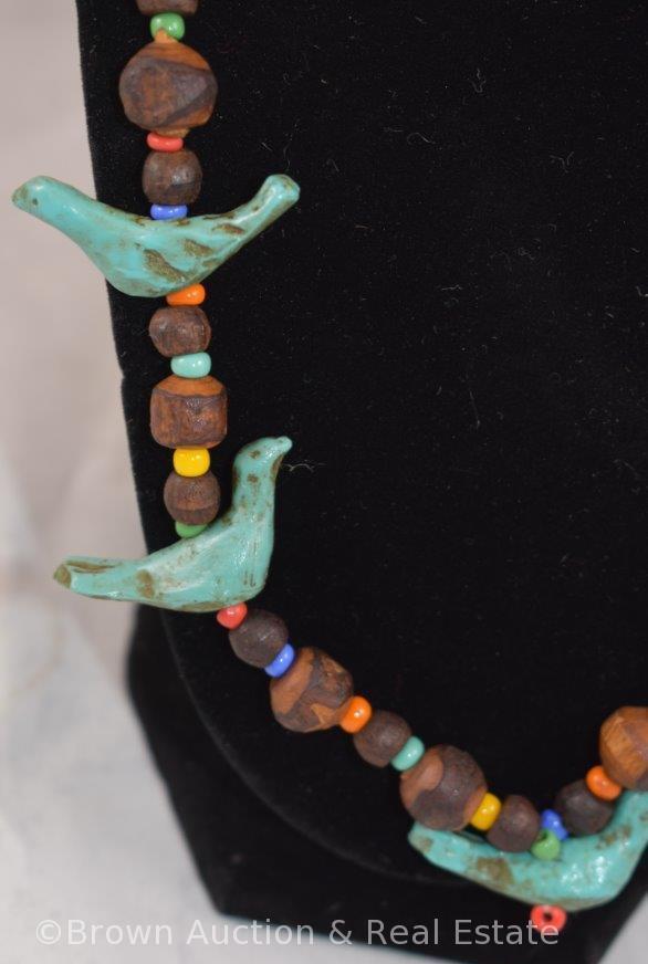 Native American fetish necklace, leather/wooden beads/birds