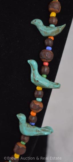 Native American fetish necklace, leather/wooden beads/birds