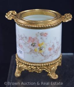 Wavecrest 4"h cigarette holder decorated with flowers, gold gilt ftd. base and collar with handles