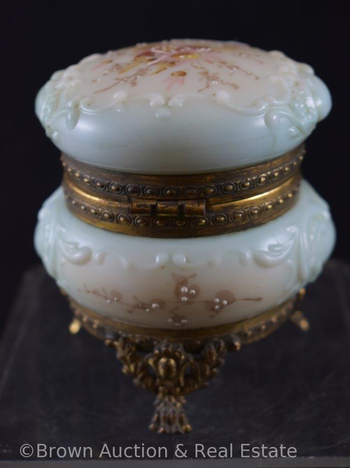 Mrkd. Wavecrest 4"h lt. blue and white dresser box, pink flowers, fancy gold gilt ftd. base and