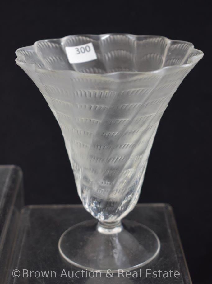 Pr. Lalique France frosted glass/pedestal base 6"h fluted vases with scalloped edge, paper label