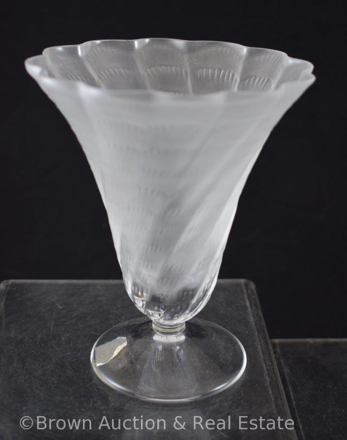 Pr. Lalique France frosted glass/pedestal base 6"h fluted vases with scalloped edge, paper label