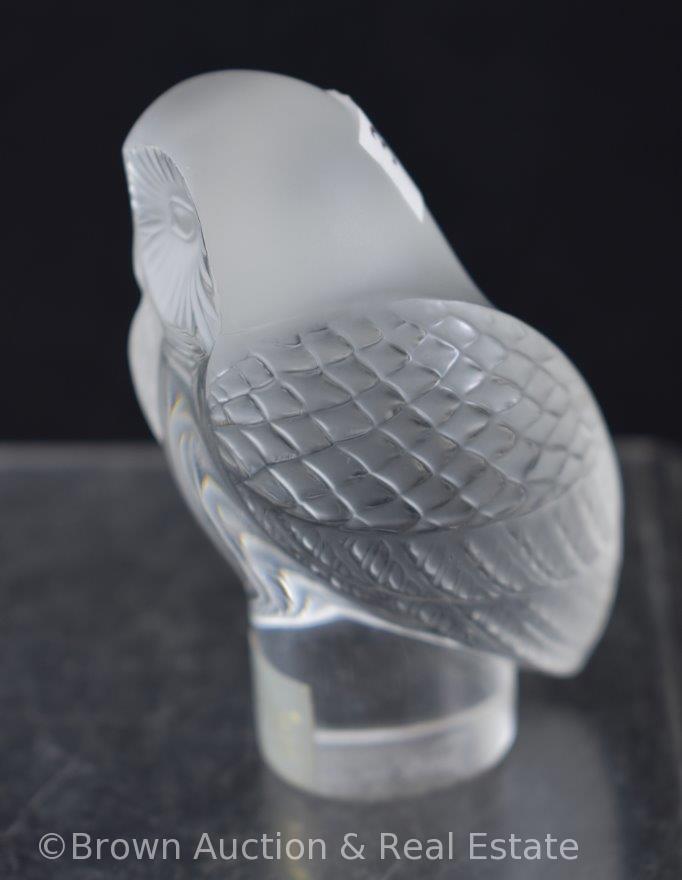 (3) Lalique France figurines: 3.5"h Owl; bird with tail up; 1.5"h Love birds