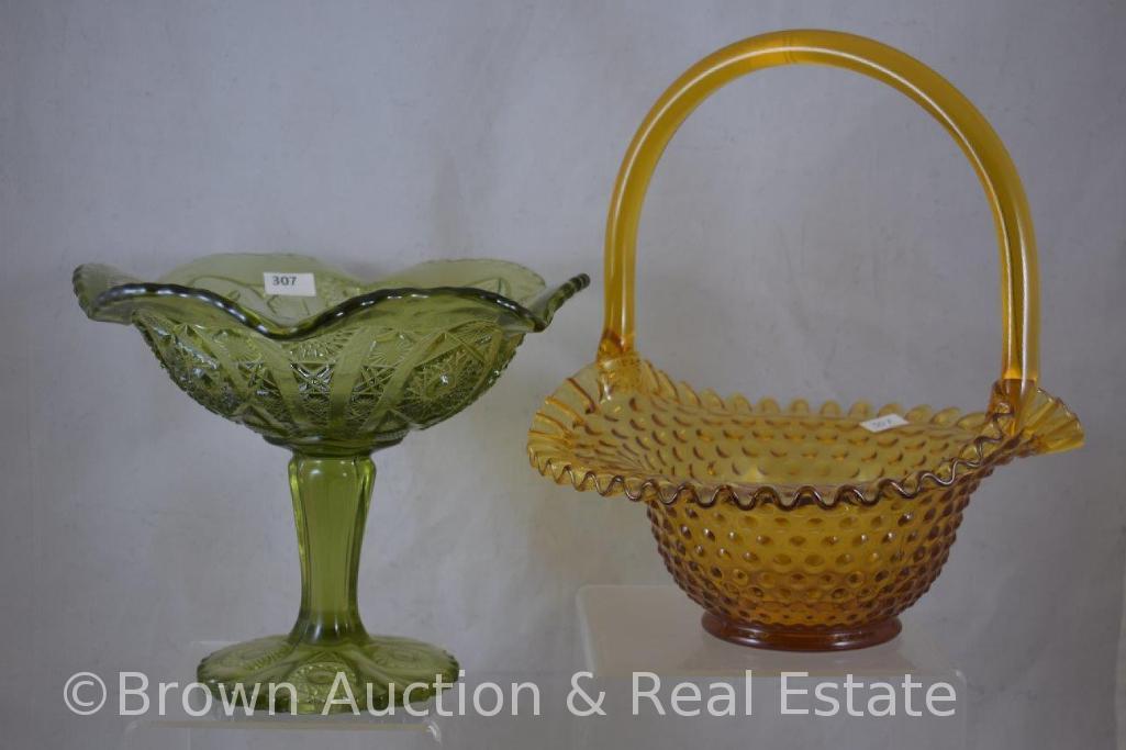 Fenton amber Hobnail basket and Imperial Glass 7"h green compote