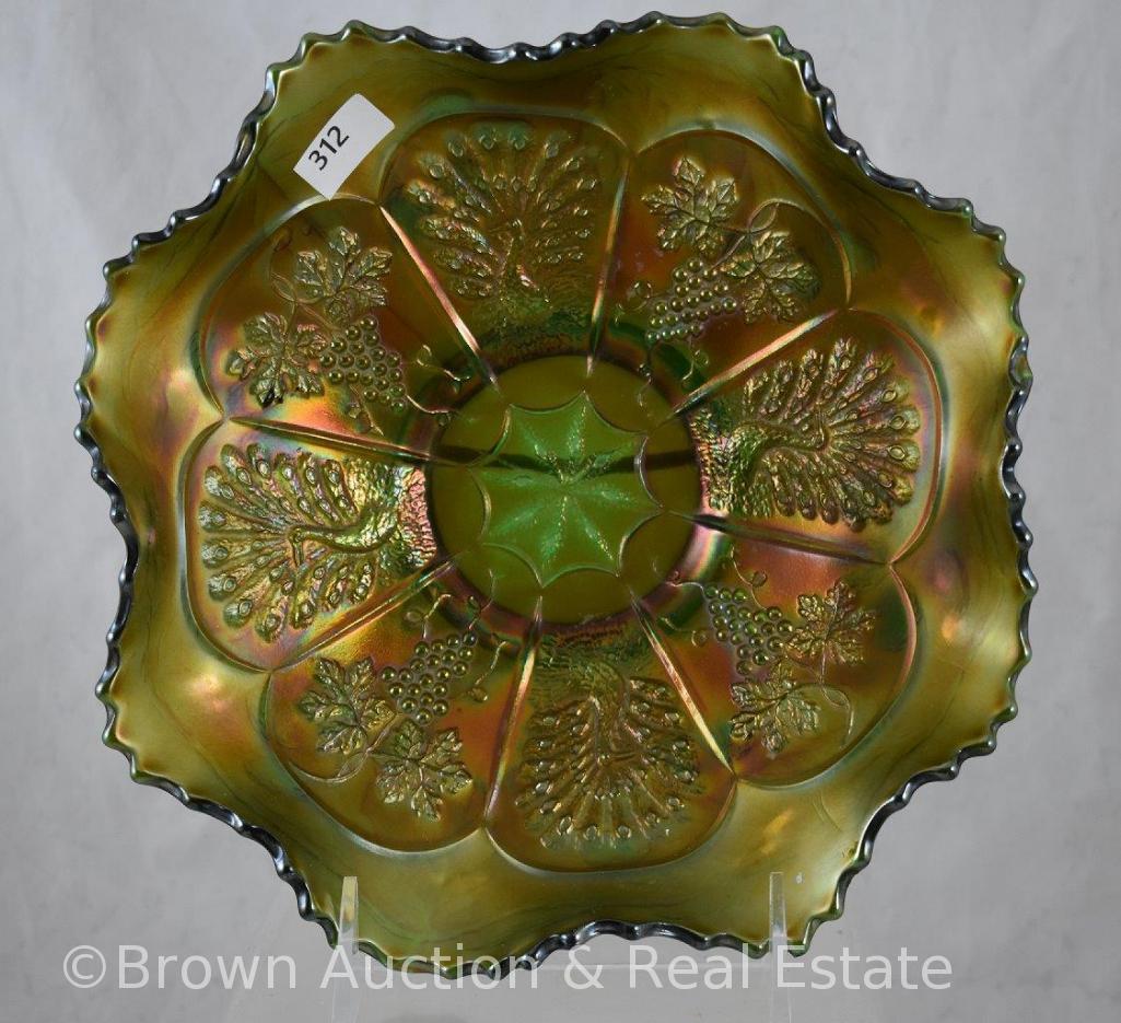 Carnival Glass Peacock and Grapes 9"d bowl, green