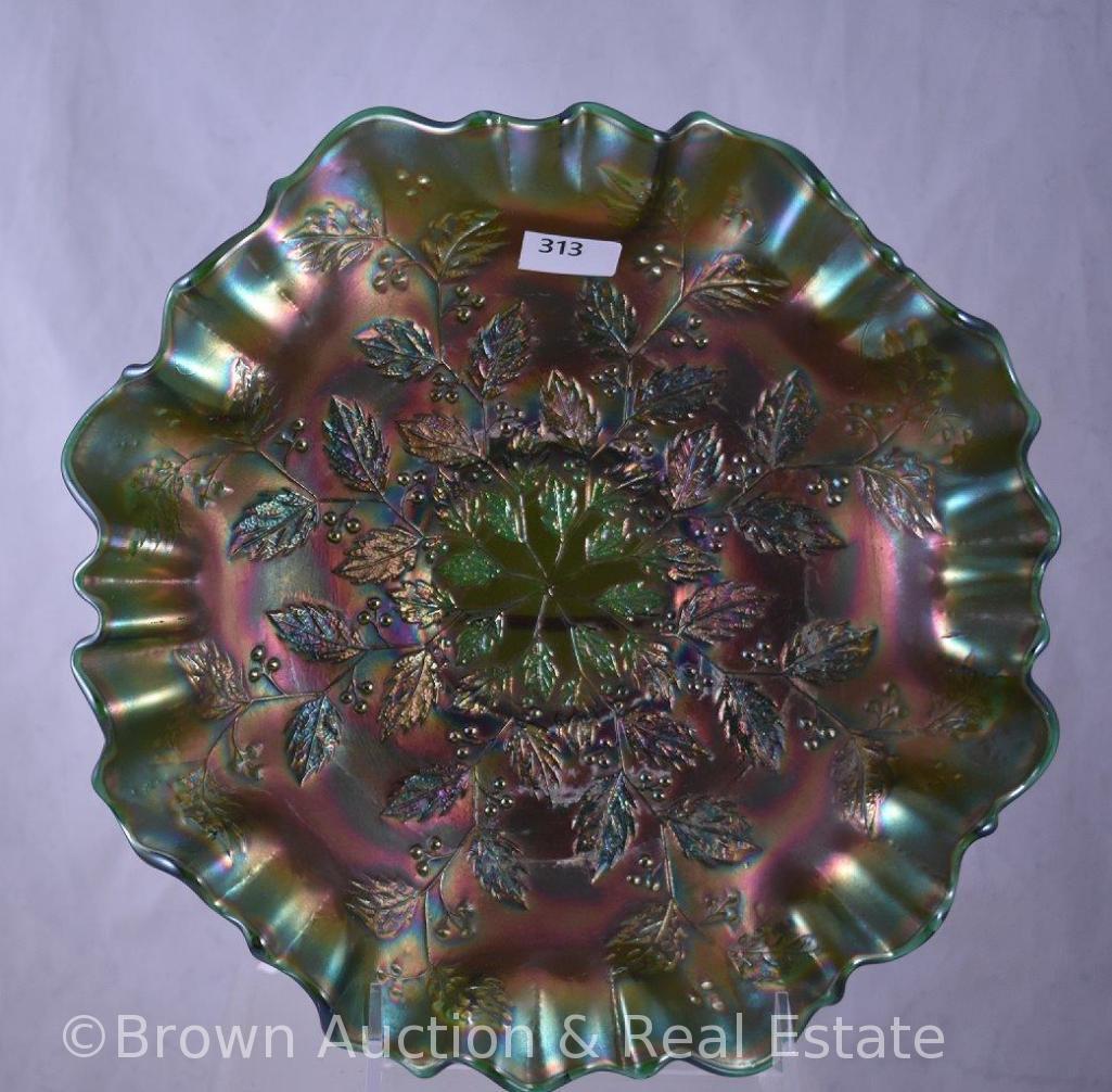 Carnival Glass Holly 9" bowl with 3-in-1 edge, green