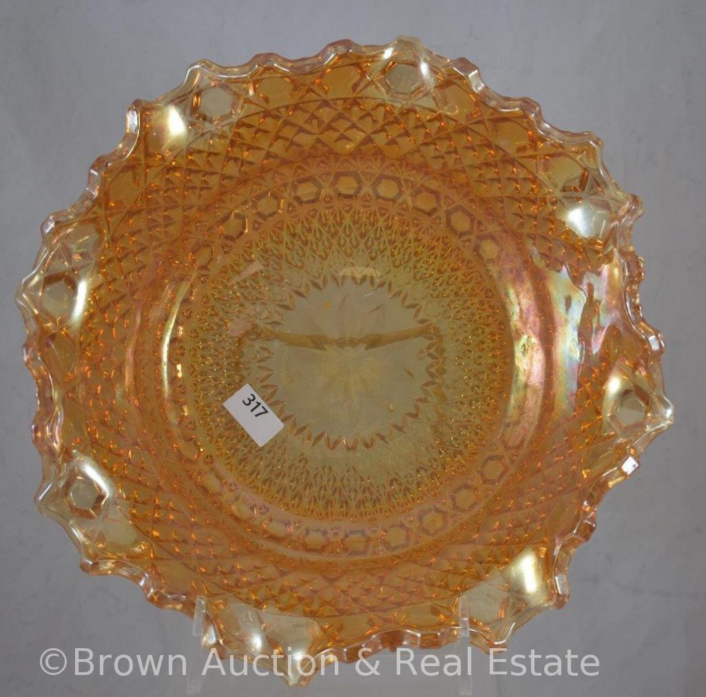 Carnival Glass 9.5"d x 3"h bowl with diamonds pattern, marigold