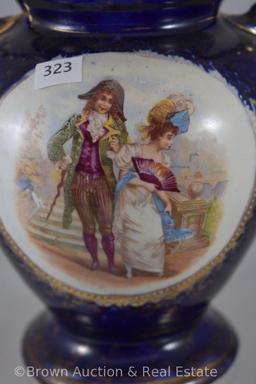 Mrkd. Royal Faience 13"h cobalt vase, Victorian courting couple scenes