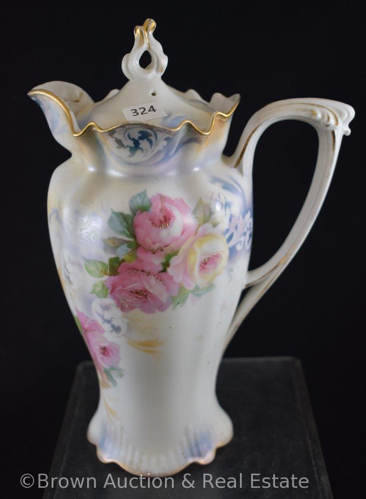 R.S. Prussia Mold 508 9"h chocolate pot, pink and white flowers on white satin finish