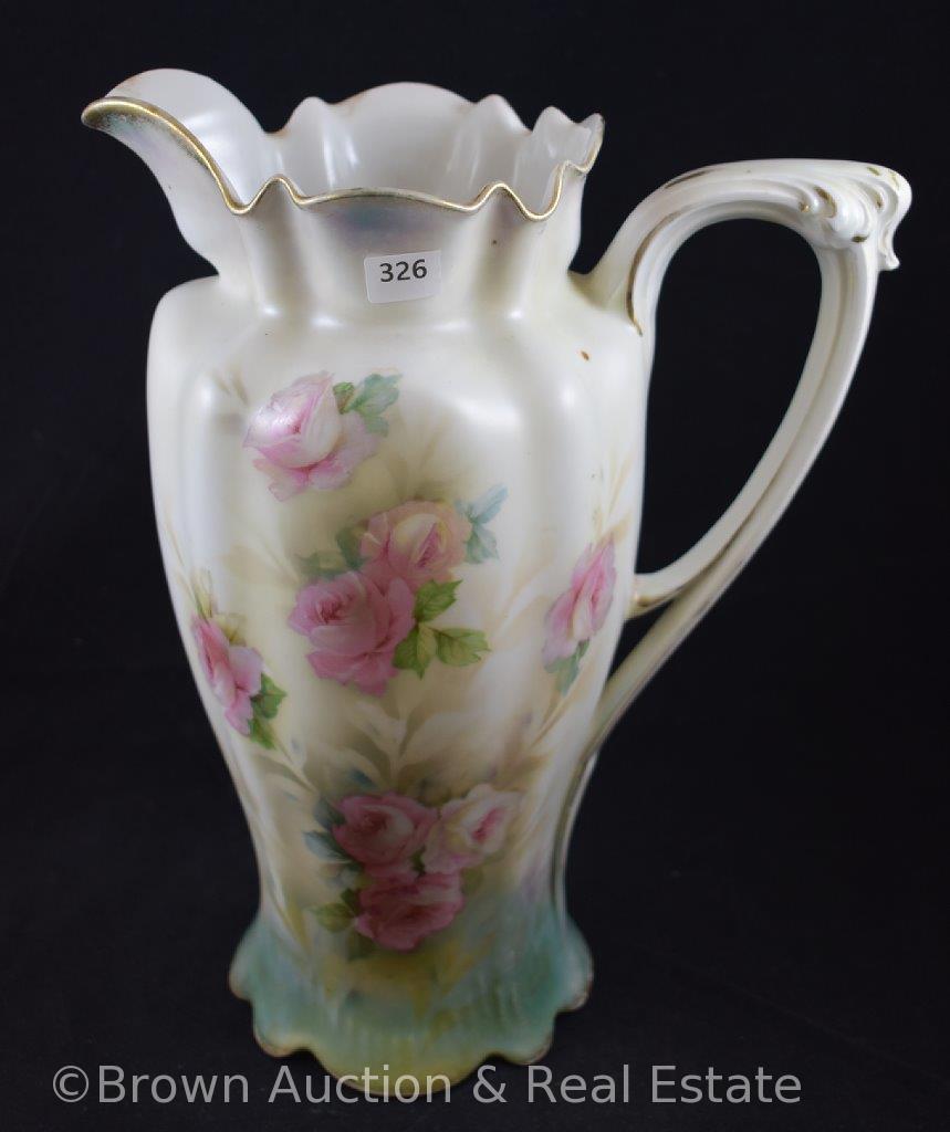 R.S. Prussia Mold 508 tankard, pink and white roses on white satin finish, 11"h, red mark