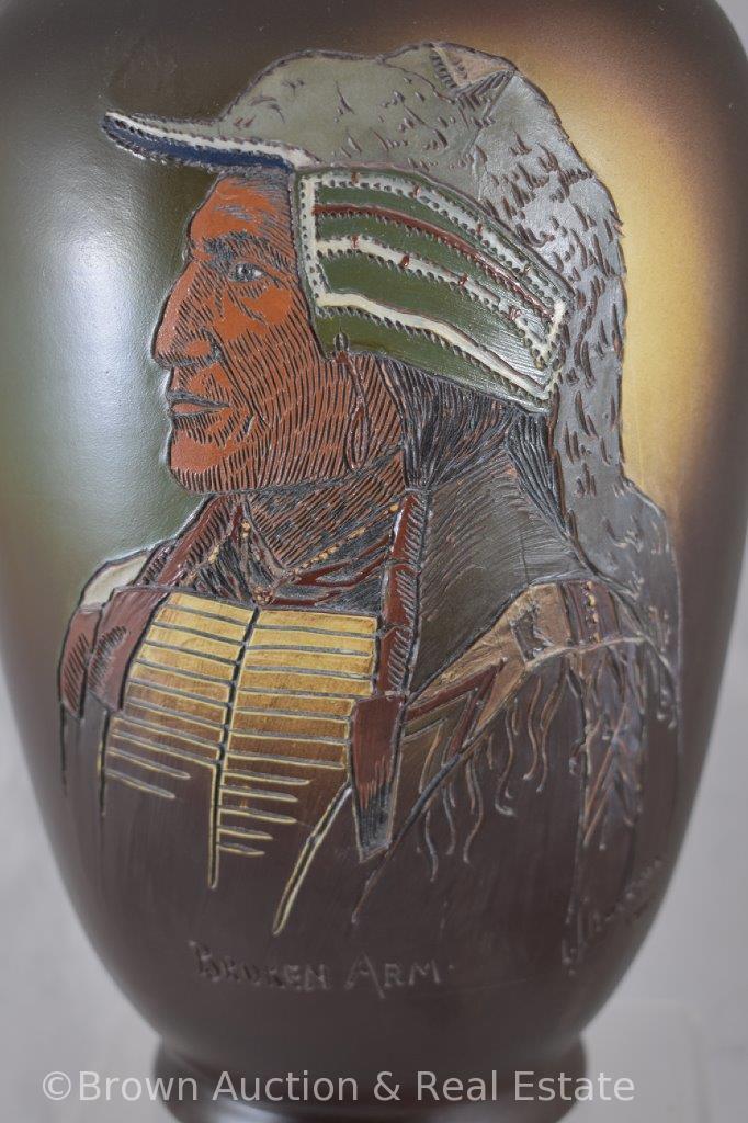 Weller pottery Dickens Ware 1901 Native American "Chief Broken Arm" 11.5" vase, artist signed Levi