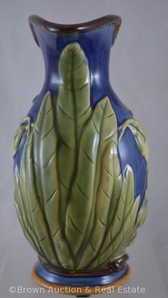 (3) Majolica pieces: 8.5"h cobalt pitcher; 4.5"h box with lid; Leaf bowl