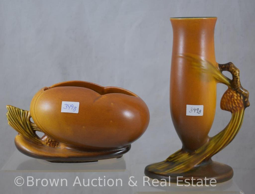 (2) Roseville brown Pine Cone pieces: 456-6" bowl (very small chip on pine needles); 112-7" bud vase