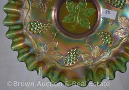 Carnival Glass Vintage Leaf 8.5"d bowl, candy ribbon edge, green