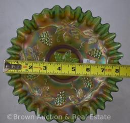 Carnival Glass Vintage Leaf 8.5"d bowl, candy ribbon edge, green