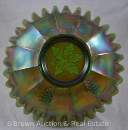 Carnival Glass Vintage Leaf 8.5"d bowl, candy ribbon edge, green