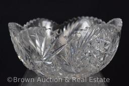 Cut Glass 4"h x 8"d bowl, Fans/Inverted decorated heart shapes, etc.