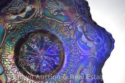 Carnival Glass Dragon and Lotus 8.5"d bowl, cobalt