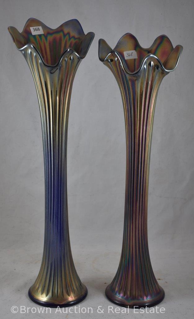 (2) Carnival Glass Fine Rib vases, 17" x 16", both cobalt