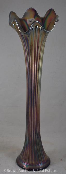 (2) Carnival Glass Fine Rib vases, 17" x 16", both cobalt