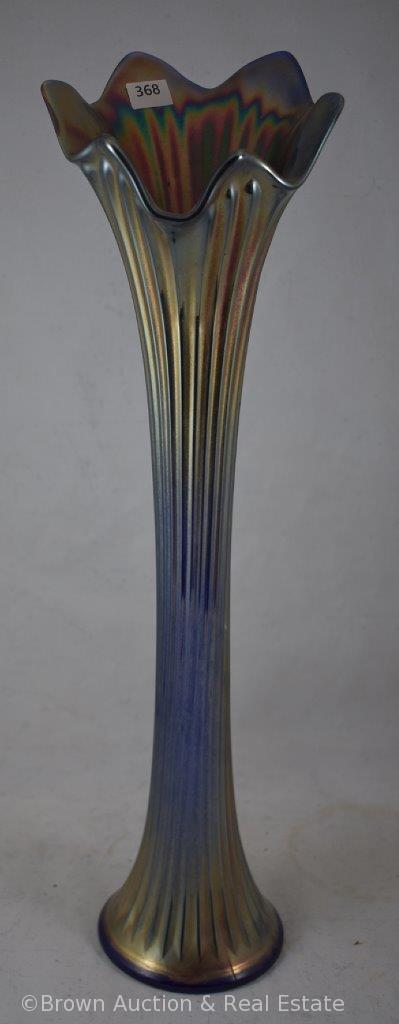 (2) Carnival Glass Fine Rib vases, 17" x 16", both cobalt