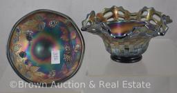 (2) Carnival Glass cobalt pieces: Open Edge basket and Miniature Blackberry compote (base damage)