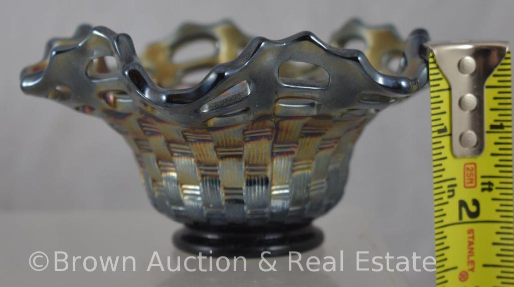 (2) Carnival Glass cobalt pieces: Open Edge basket and Miniature Blackberry compote (base damage)