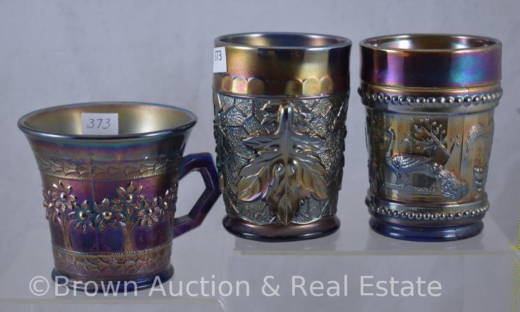 (3) Carnival Glass cobalt pieces: 2-tumblers, Peacock at the Fountain and Maple Leaf; 1-Orange Tree