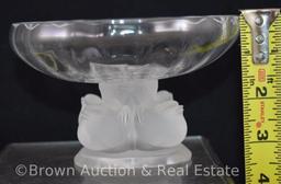 Signed Lalique France 3.5"h compote with 4 sparrows base, paper label