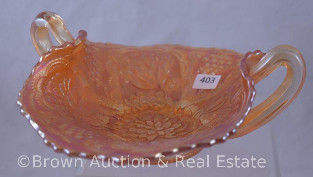 Carnival Glass Lotus and Grape dbl. handled bon bon, marigold