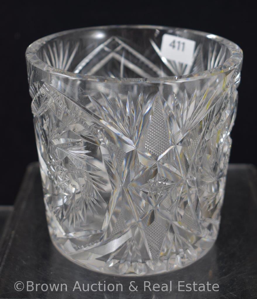 Cut Glass 4"h spooner? miniature ice bucket?, Pinwheels/Strawberry diamond fields/Fans