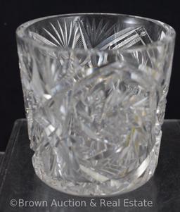 Cut Glass 4"h spooner? miniature ice bucket?, Pinwheels/Strawberry diamond fields/Fans