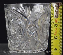 Cut Glass 4"h spooner? miniature ice bucket?, Pinwheels/Strawberry diamond fields/Fans