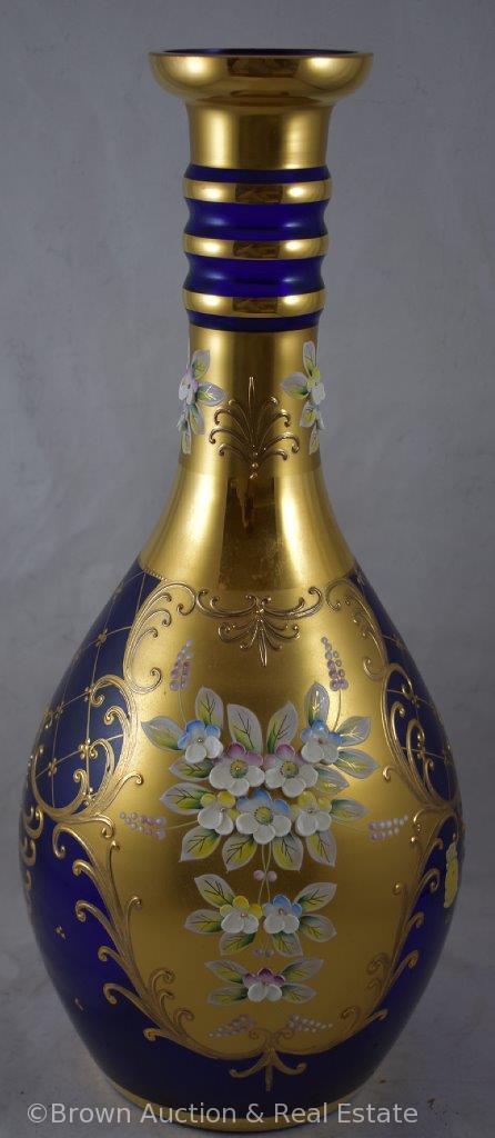 Gorgeous cobalt Moser 15" tall vase with applied high-relief flowers