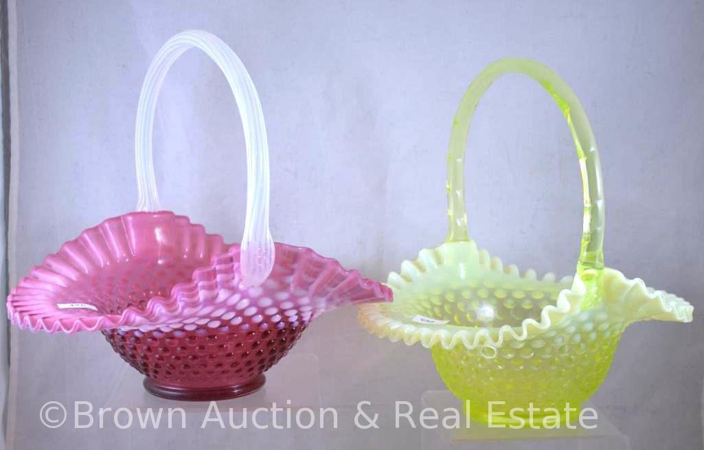 (2) Large Fenton Hobnail baskets - cranberry opalescent and topaz opalescent