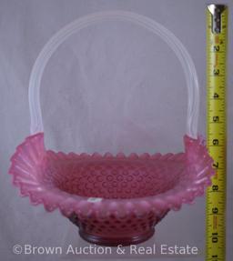 (2) Large Fenton Hobnail baskets - cranberry opalescent and topaz opalescent